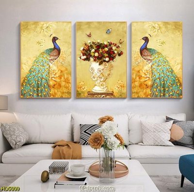 File in lụa File tranh bộ 3 chim công và bình hoa HD5009 (tân cổ điển) File tranh bộ 3 chim công và bình hoa HD5009