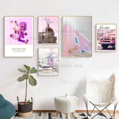 Hình ảnh file gốc in trần nhà File tranh bộ 5 tấm hiện đại HD51006