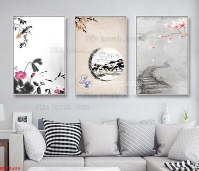 File gốc File bộ tranh treo hiện đại HD70409 (in lụa) hoa văn cổ điển
