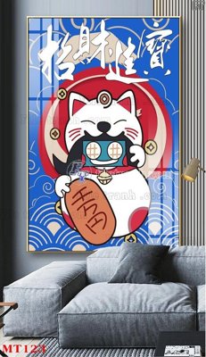 Download file gốc File tranh con mèo thần tài MT123 (in lụa) hoa lá