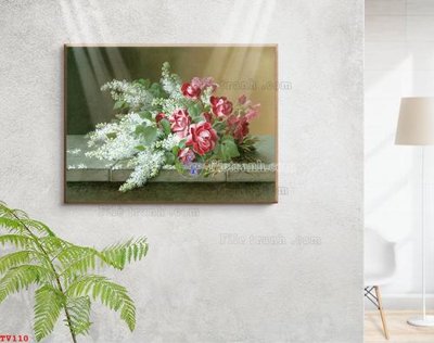 Download file gốc Tranh tĩnh vật sơn dầu hoa châu âu TV110 (in mica) trong suốt