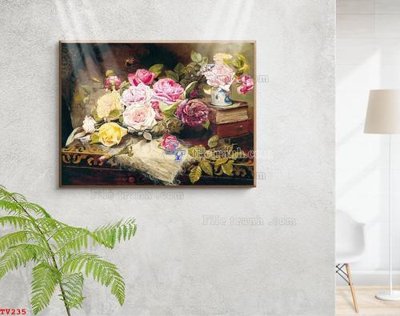 File tranh gốc Tranh tĩnh vật sơn dầu hoa châu âu TV235 (sắc nét từng chi tiết)