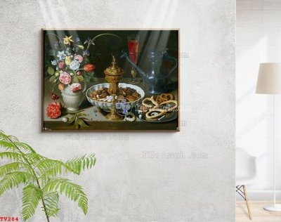 File tranh Tranh tĩnh vật sơn dầu hoa châu âu TV284 (file gốc) chủ đề phong thủy