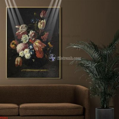 Download file Tranh tĩnh vật sơn dầu hoa châu âu TV462 (gốc) in mica bàn thờ