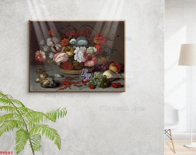 File in trần Tranh tĩnh vật sơn dầu hoa châu âu TV587 (bản gốc) mây trời