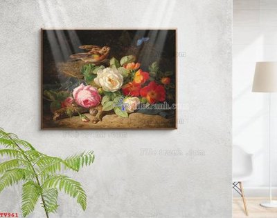File tranh gốc Tranh tĩnh vật sơn dầu hoa châu âu TV961 (sắc nét từng chi tiết)