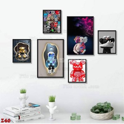 File gốc File tranh bộ 6 tấm kaws gấu bearbrick Z46 (chủ đề hiện đại) trang trí