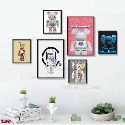 Ảnh gốc File tranh bộ 6 tấm kaws gấu bearbrick Z49 (độ nét cao) in tráng gương