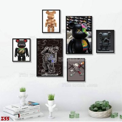 File ảnh File tranh bộ 6 tấm kaws gấu bearbrick Z55 (gốc) in PP, decal