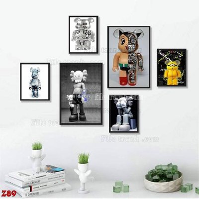 File gốc File tranh bộ 6 tấm kaws gấu bearbrick Z89 (in tráng gương) ốp tường