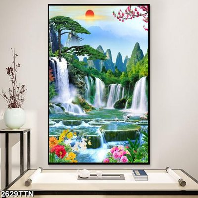 File gốc Tranh sơn thủy thác nước 2629TTN (in tráng gương) ốp tường
