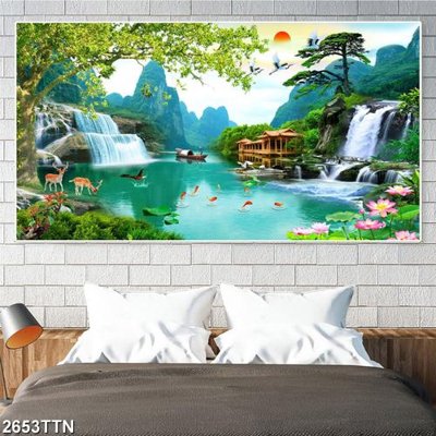 File gốc Tranh sơn thủy thác nước 2653TTN (in lụa) tranh mã đáo