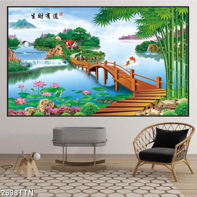 Download file gốc Tranh sơn thủy thác nước 2698TTN (in lụa) hoa lá
