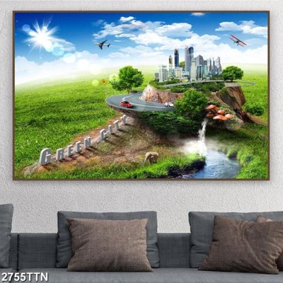 File in mica Tranh sơn thủy thác nước 2755TTN (bản gốc) làm vách ngăn