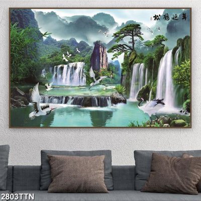 Hình ảnh file gốc in lụa Tranh sơn thủy thác nước 2803TTN