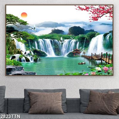 File gốc Tranh sơn thủy thác nước 2823TTN (dành cho trang trí nội thất)