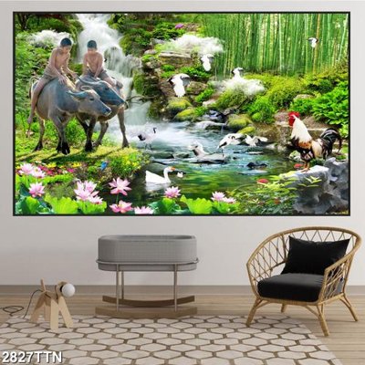 File in lụa Tranh sơn thủy thác nước 2827TTN (phong cảnh) Tranh sơn thủy thác nước 2827TTN