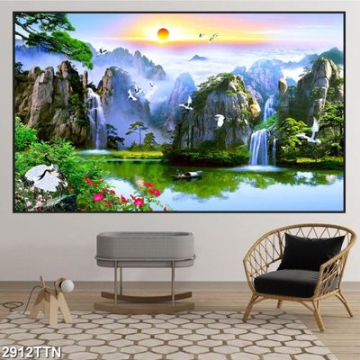 File gốc Tranh sơn thủy thác nước 2912TTN (in ấn) không giới hạn