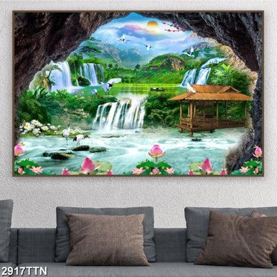 Tải file gốc Tranh sơn thủy thác nước 2917TTN (in khổ lớn) không mờ