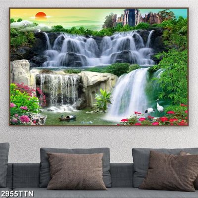 File tranh Tranh sơn thủy thác nước 2955TTN (bản gốc) in lụa 3D