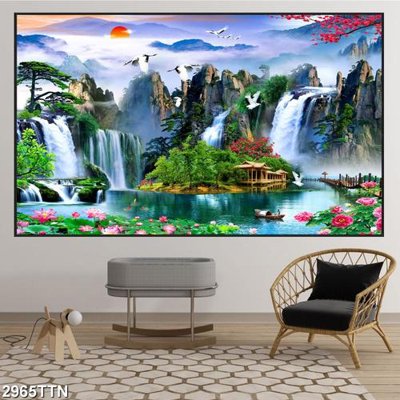 Hình ảnh file gốc in trần nhà Tranh sơn thủy thác nước 2965TTN