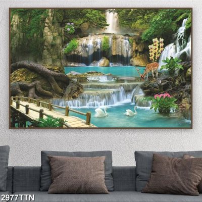 File gốc Tranh sơn thủy thác nước 2977TTN (in tráng gương) nghệ thuật