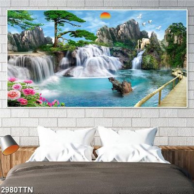 Hình ảnh file gốc in lụa Tranh sơn thủy thác nước 2980TTN