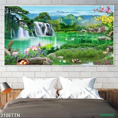 Tải file gốc in lụa Tranh sơn thủy thác nước 3106TTN siêu nét