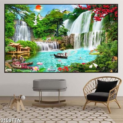 File gốc Tranh sơn thủy thác nước 3108TTN (in lụa) chi tiết cao