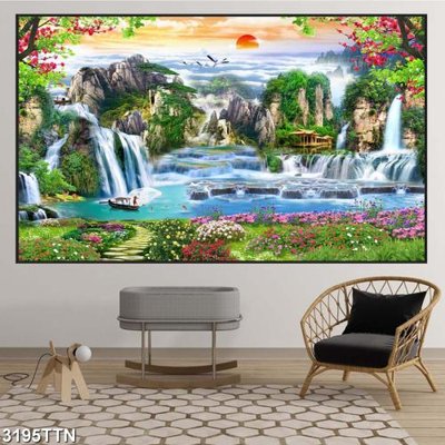 File gốc Tranh sơn thủy thác nước 3195TTN (in mica) trang trí