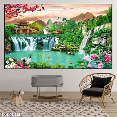 File tranh Tranh sơn thủy thác nước 3232TTN (ảnh gốc) in trần 3D