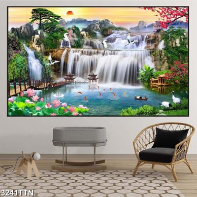 Hình ảnh file gốc in lụa Tranh sơn thủy thác nước 3241TTN