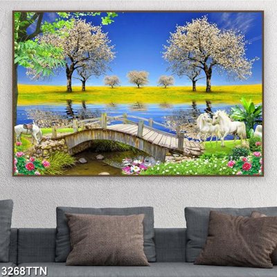 Download file gốc Tranh sơn thủy thác nước 3268TTN (in lụa) hoa lá