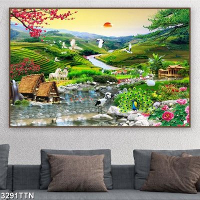 File gốc Tranh sơn thủy thác nước 3291TTN (in lụa) họa tiết 3D