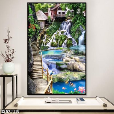 Ảnh gốc Tranh sơn thủy thác nước 3357TTN (nét căng) in mica