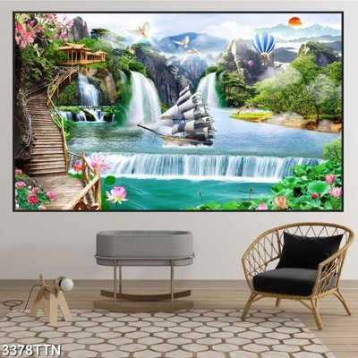 File tranh quảng cáo Tranh sơn thủy thác nước 3378TTN (download file gốc)