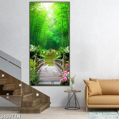 File gốc Tranh sơn thủy thác nước 3409TTN (in lụa) hoa văn cổ điển