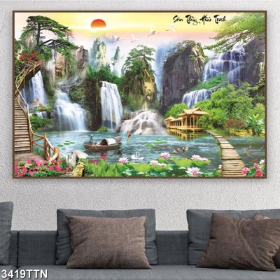 File ảnh Tranh sơn thủy thác nước 3419TTN (gốc) dùng in Pano