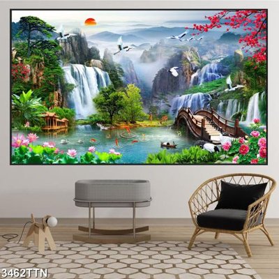 File tranh in tráng gương Tranh sơn thủy thác nước 3462TTN (siêu nét)