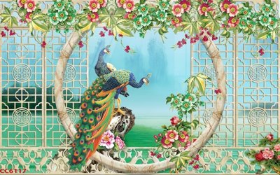 File gốc File gốc tranh chim công CC6117 (in lụa) họa tiết 3D