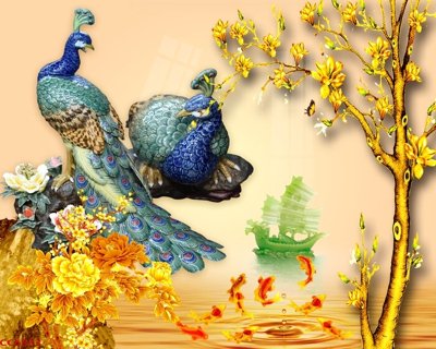 File gốc File gốc tranh chim công CC6533 (in tráng gương) hiện đại