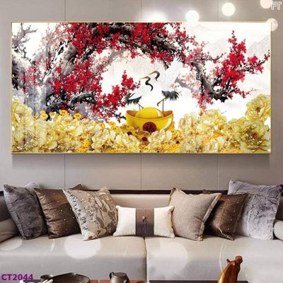 File gốc File tranh cây tiền tài lộc hoa đào tết CT2044 (in 3D) nghệ thuật