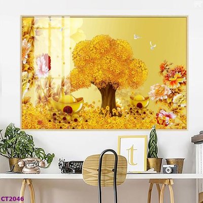 Ảnh gốc file in lụa File tranh cây tiền tài lộc hoa đào tết CT2046 chi tiết