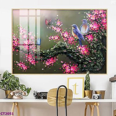 File gốc File tranh cây tiền tài lộc hoa đào tết CT2051 (in lụa) trang trí tường