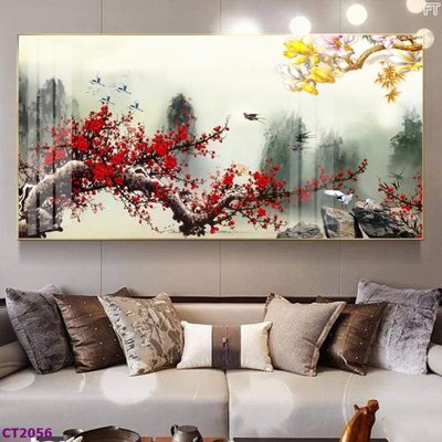 File tranh gốc File tranh cây tiền tài lộc hoa đào tết CT2056 chủ đề hiện đại