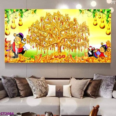 File tranh PSD File tranh cây tiền tài lộc hoa đào tết CT2084 chất lượng cao