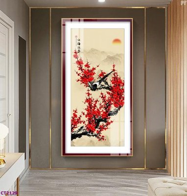 Tải file gốc in lụa File tranh cây tiền tài lộc hoa đào tết CT2129 siêu nét