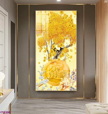 File in lụa File tranh cây tiền tài lộc hoa đào tết CT2206 (phong cảnh) File tranh cây tiền tài lộc hoa đào tết CT2206