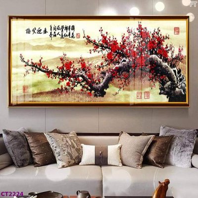 File in mica File tranh cây tiền tài lộc hoa đào tết CT2224 (bản gốc) làm vách ngăn