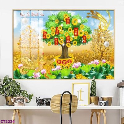 Ảnh gốc File tranh cây tiền tài lộc hoa đào tết CT2234 (độ nét cao) in tráng gương